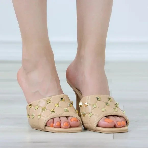 Nude High Heel Sandals Square Open Toe Slip On Mules Stiletto's - Picture 3 of 11